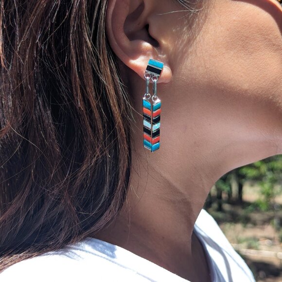 Zuni Multi Stones Inlay Dangle Earrings Sterling Silver Handmade Jewelry ** - Picture 7 of 10